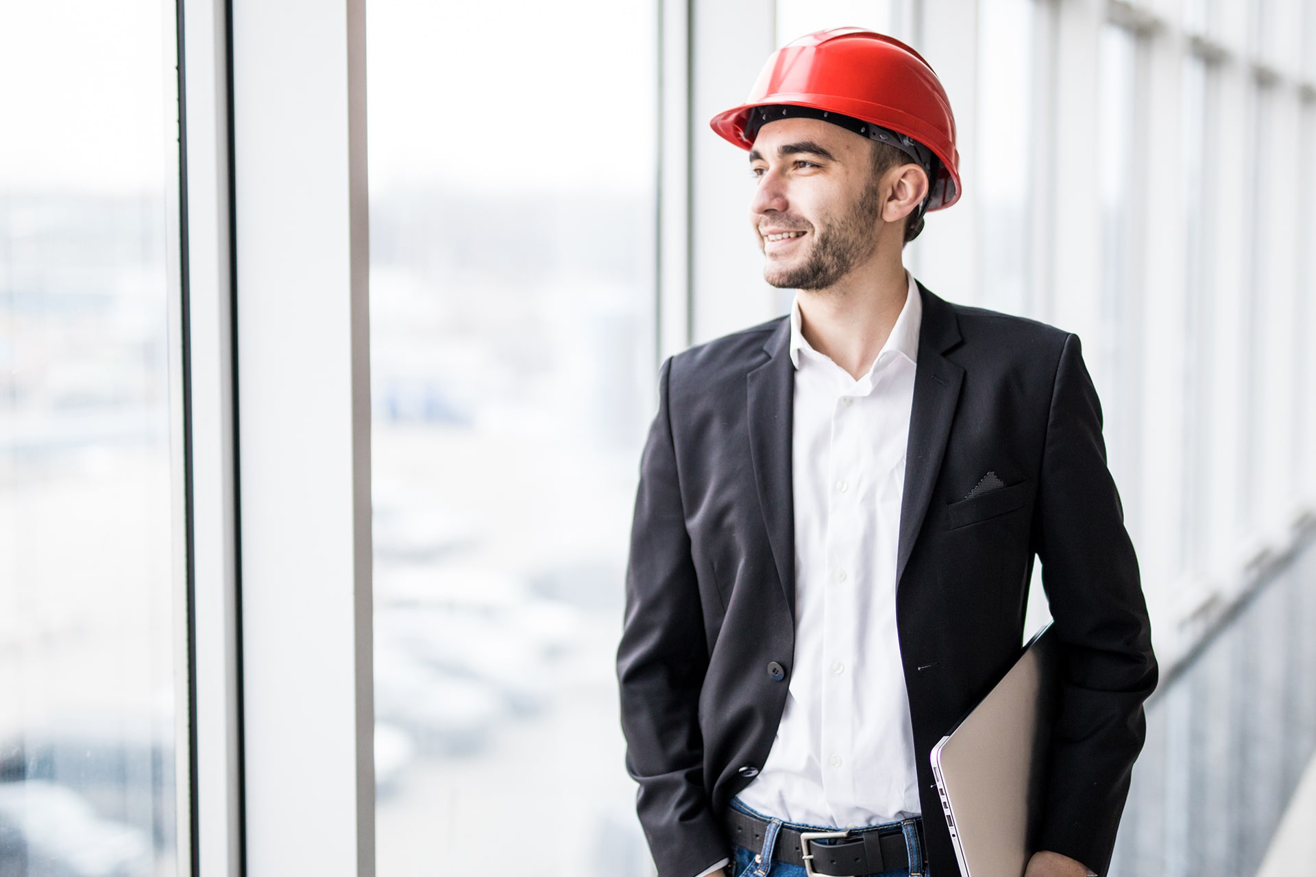 Businessman wearing hardhat