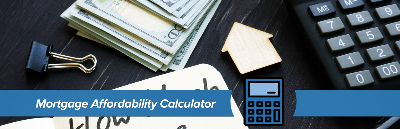 Dollar bills, a wooden token in the shape of a house, and a calculator sit next to an open notebook with the words How Much House Can I Buy?. The words Mortgage Affordability Calculator in blue banner in the foreground.