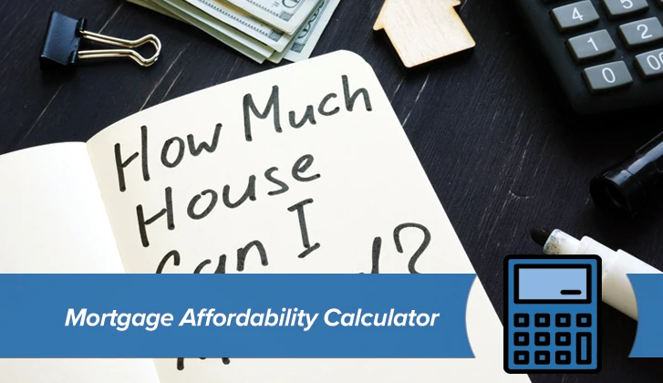 Dollar bills, a wooden token in the shape of a house, and a calculator sit next to an open notebook with the words How Much House Can I Buy?. The words Mortgage Affordability Calculator in blue banner in the foreground.