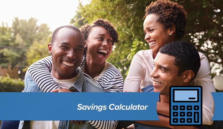 Two gentlemen carry their smiling wives on their back. The words Savings Calculator in blue banner in the foreground.
