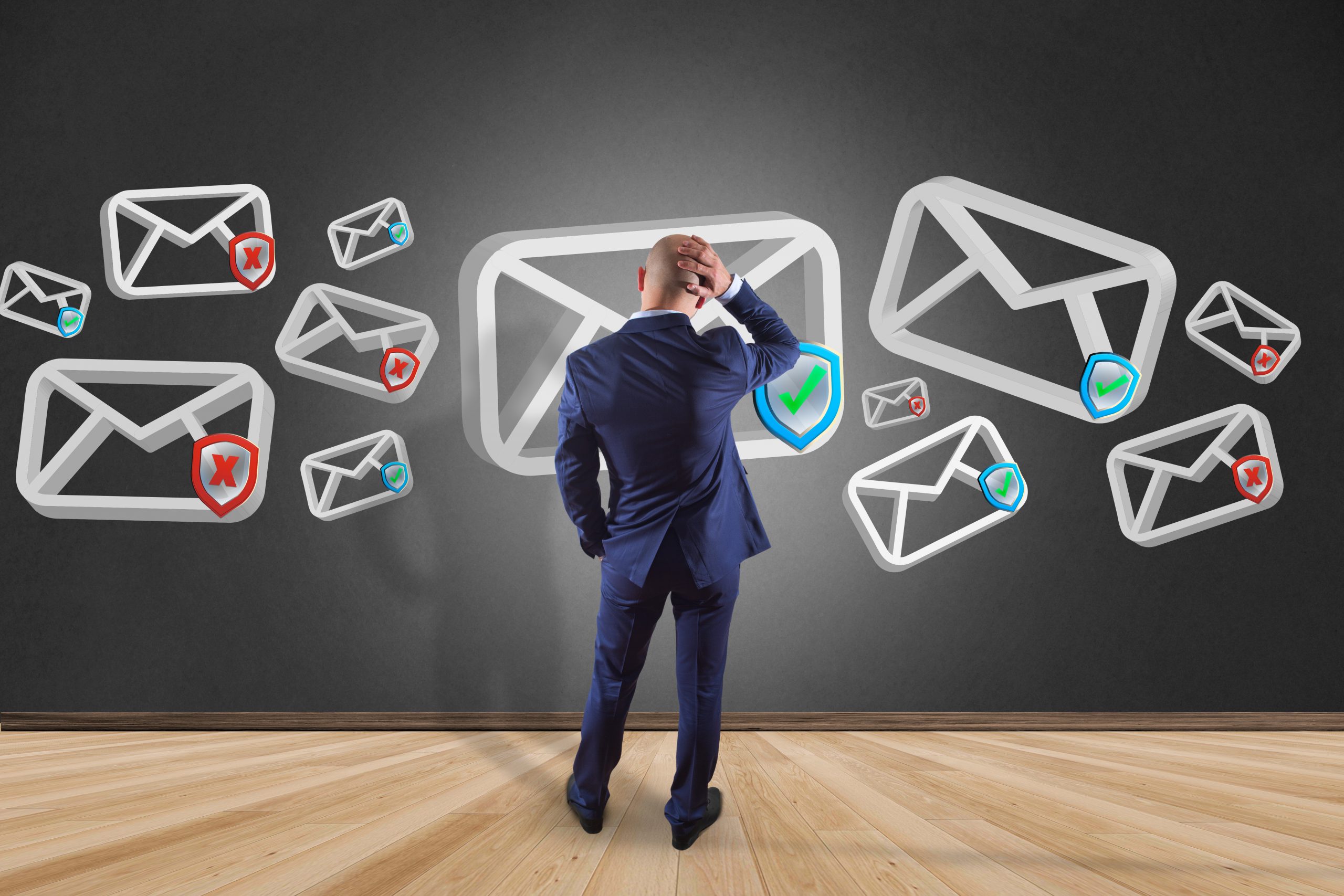 View of a Businessman in front of a wall with Approved email and spam message displayed on a futuristic interface - Message and internet concept