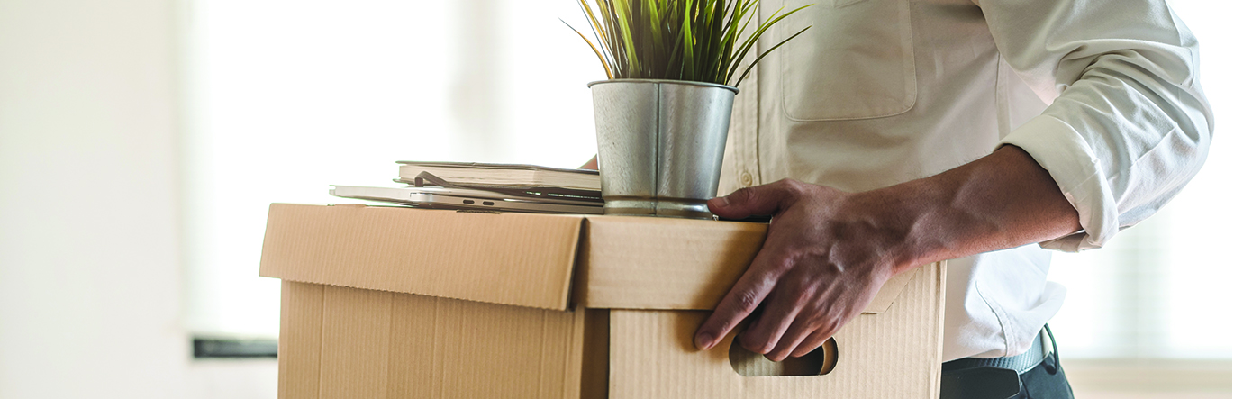 A man carries a cardboard box with a plant on top.