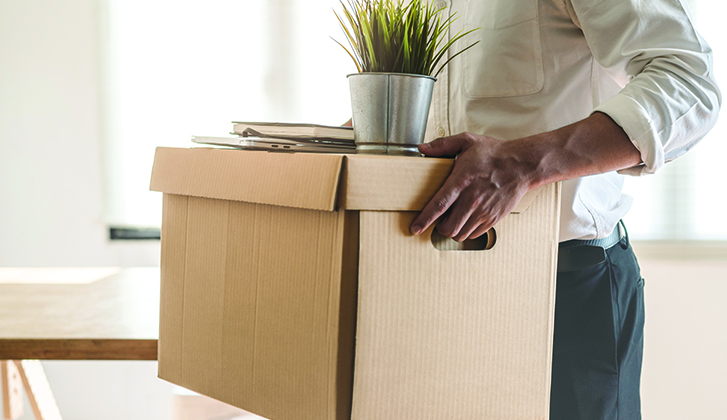 A man carries a cardboard box with a plant on top.