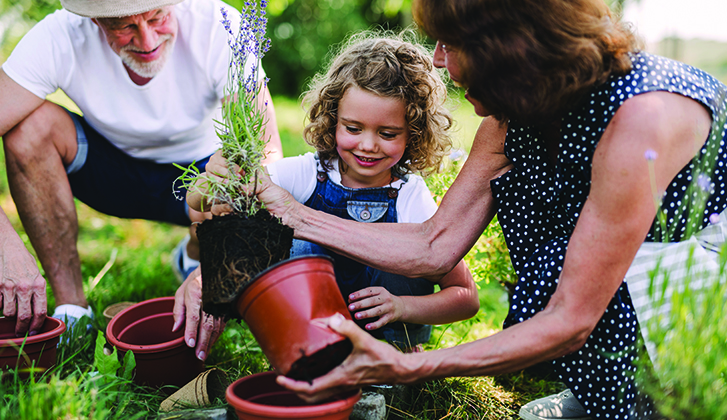 A couple teach a toddler to garden.