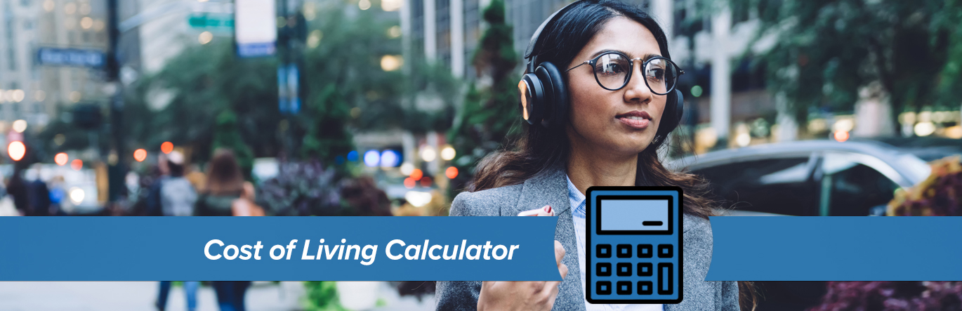 younger woman with glasses and headphones in a gray suit. The words Cost of Living Calculator in blue banner in the foreground.
