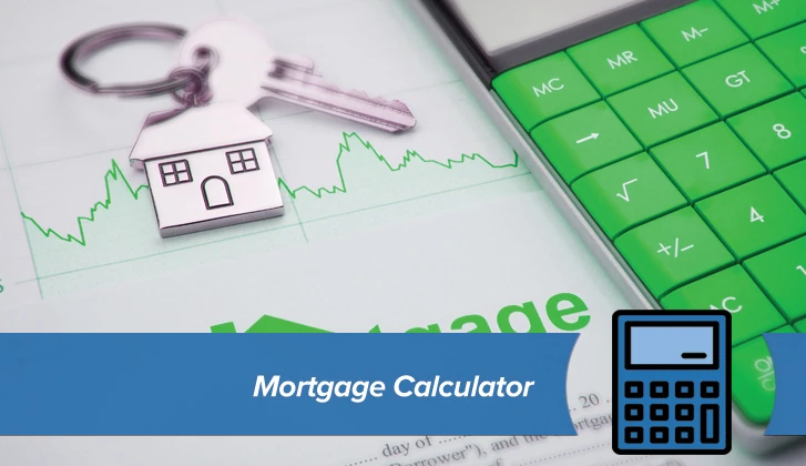 A metal token in the shape of a house, a calculator with green keys, and a spreadsheet with a line chart highlighted in green. The words Mortgage Calculator in blue banner in the foreground.