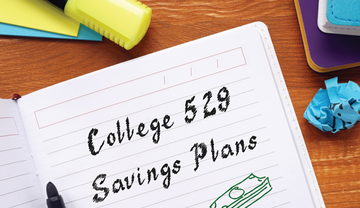 Open notebook with the words College 529 Savings Plans