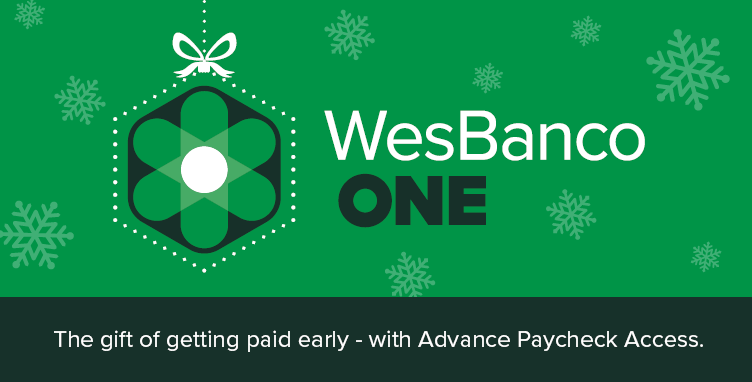 WesBanco One logo on green background with snowflakes and with tagline that says 