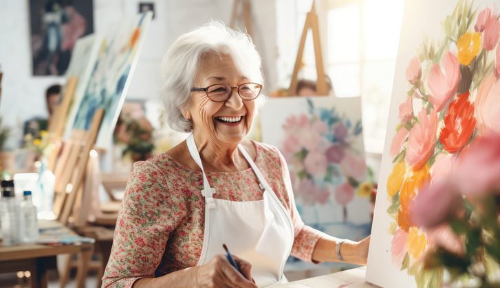Smiling elderly woman paints flowers on a canvas.