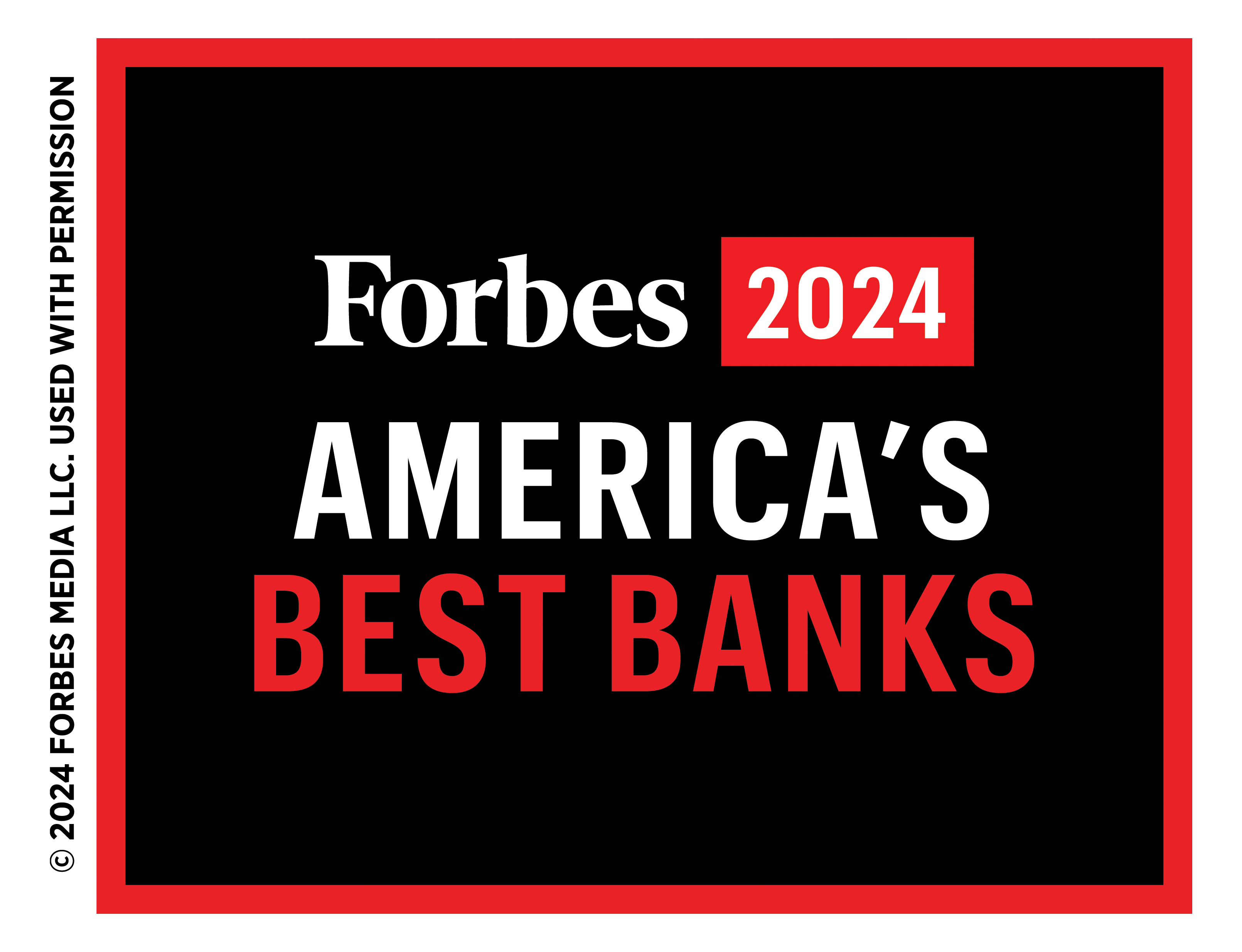 Black and Red award logo from Forbes that reads Forbes 2024 America's Best Banks bestowed to WesBanco