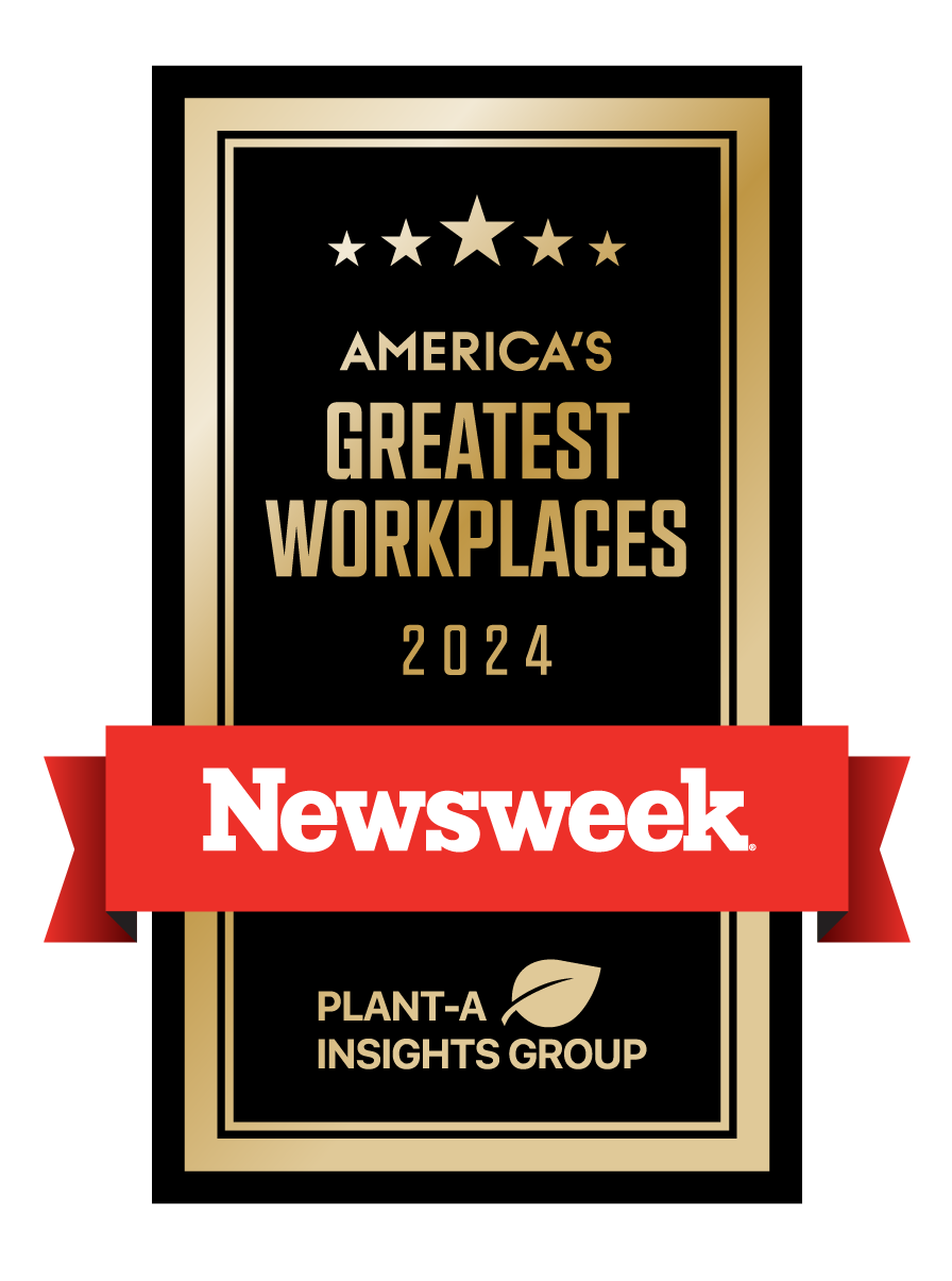Gold and black award logo awarded to WesBanco from Newsweek. It reads America's Greatest Workplaces 2024 and has Newsweek on a red banner in front of it