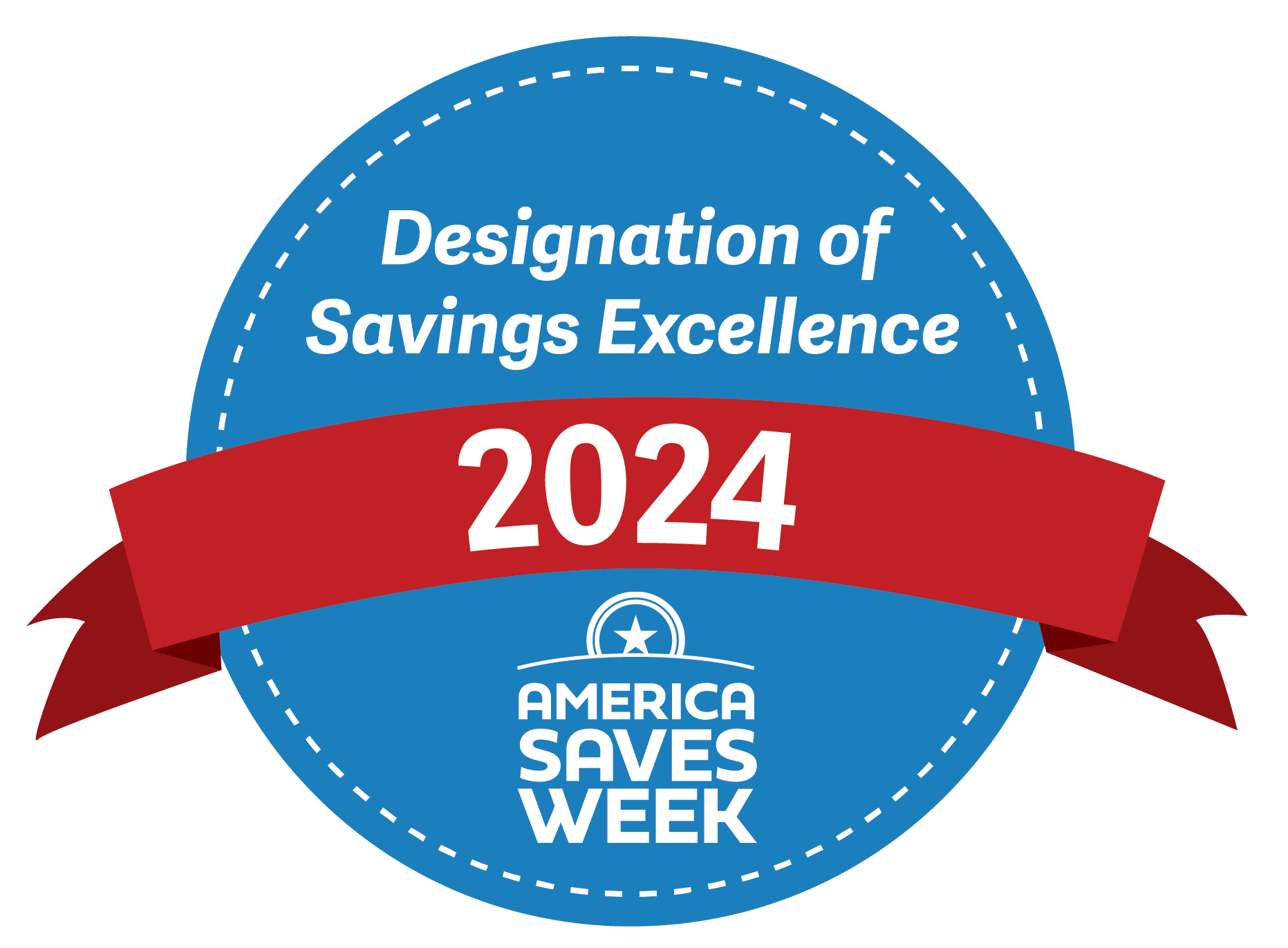 Blue logo that reads Designation of Savings Excellence by America Saves Week with a red ribbon in front that has 2024 on it