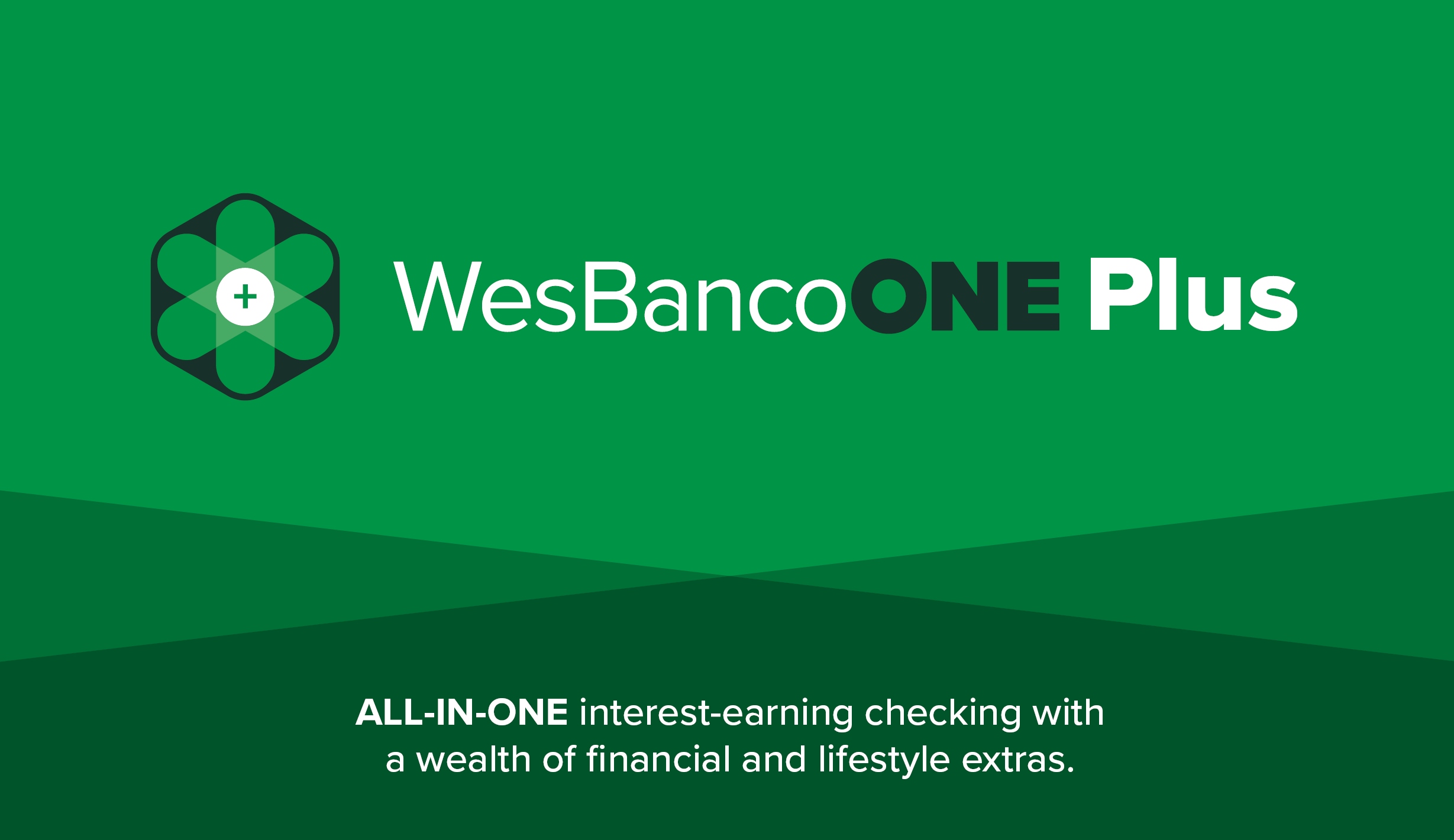 WesBanco One Plus All in one checking account. in WesBanco green box with logo on its