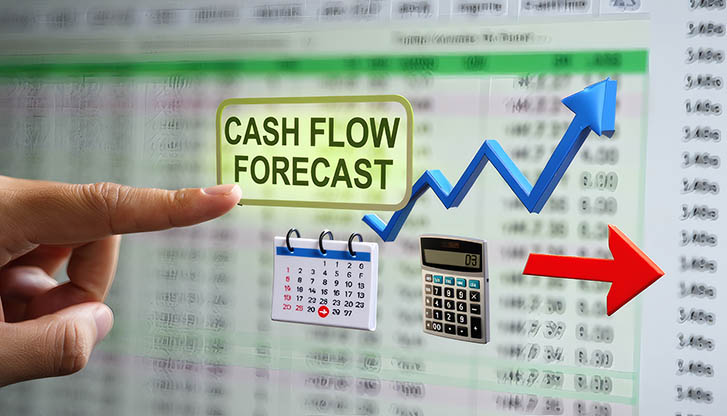 Hand pointing to the words “Cash Flow Forecast” with an upward blue arrow graph over a blurred spreadsheet background.
