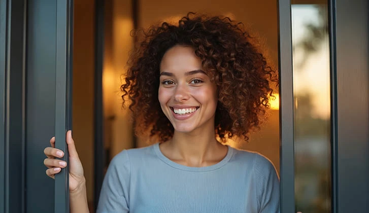 Cheerful young woman with curly hair smiles warmly, opening door to greet visitor at modern house entrance. Welcoming homeowner invites guest inside contemporary home, new beginnings.