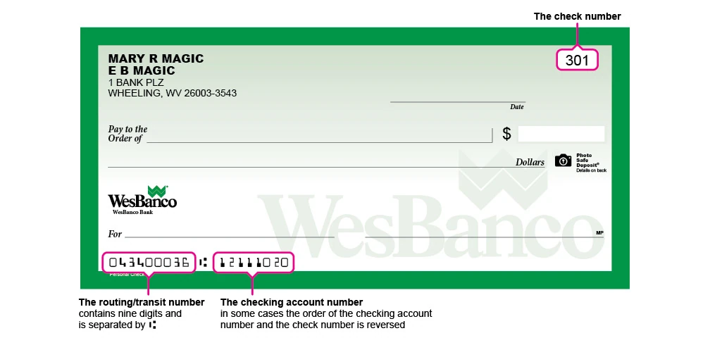WesBanco Check Image with Routing and Account number