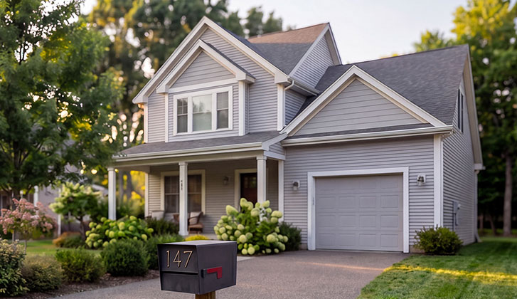 Picture of a gray house in a neighborhood