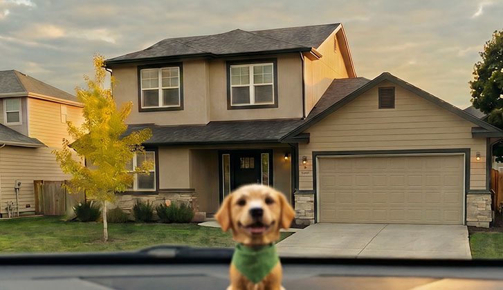 Picture of a residential neighborhood with a dog in the middle.